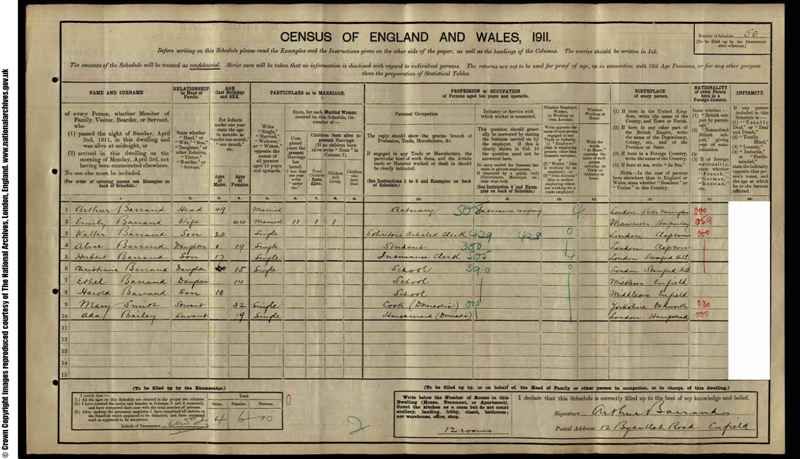 1911 census for Arthur Rees Barrand