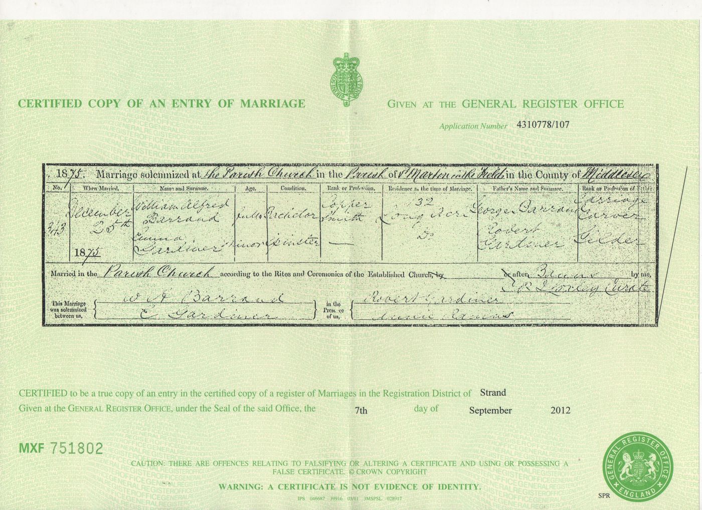Marriage Certificate William Alfred Barrand + Emma Gardiner
