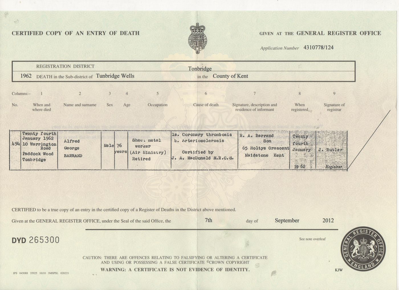 Death Certificate Alfred George Barrand 1962