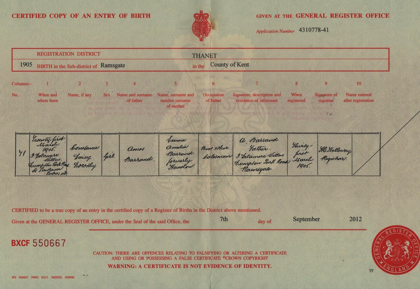 Birth Certificate of Constance Daisy Dorothy Barrand