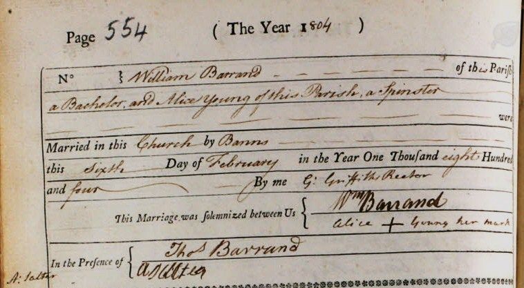 Parish Register of the Marriage of William Barrand and Alice Young with Thomas Barrand (father) as witness
