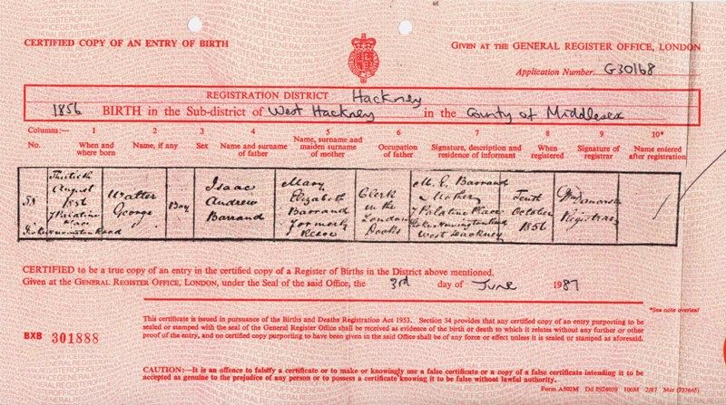Birth Certificate of Walter George Barrand 1856