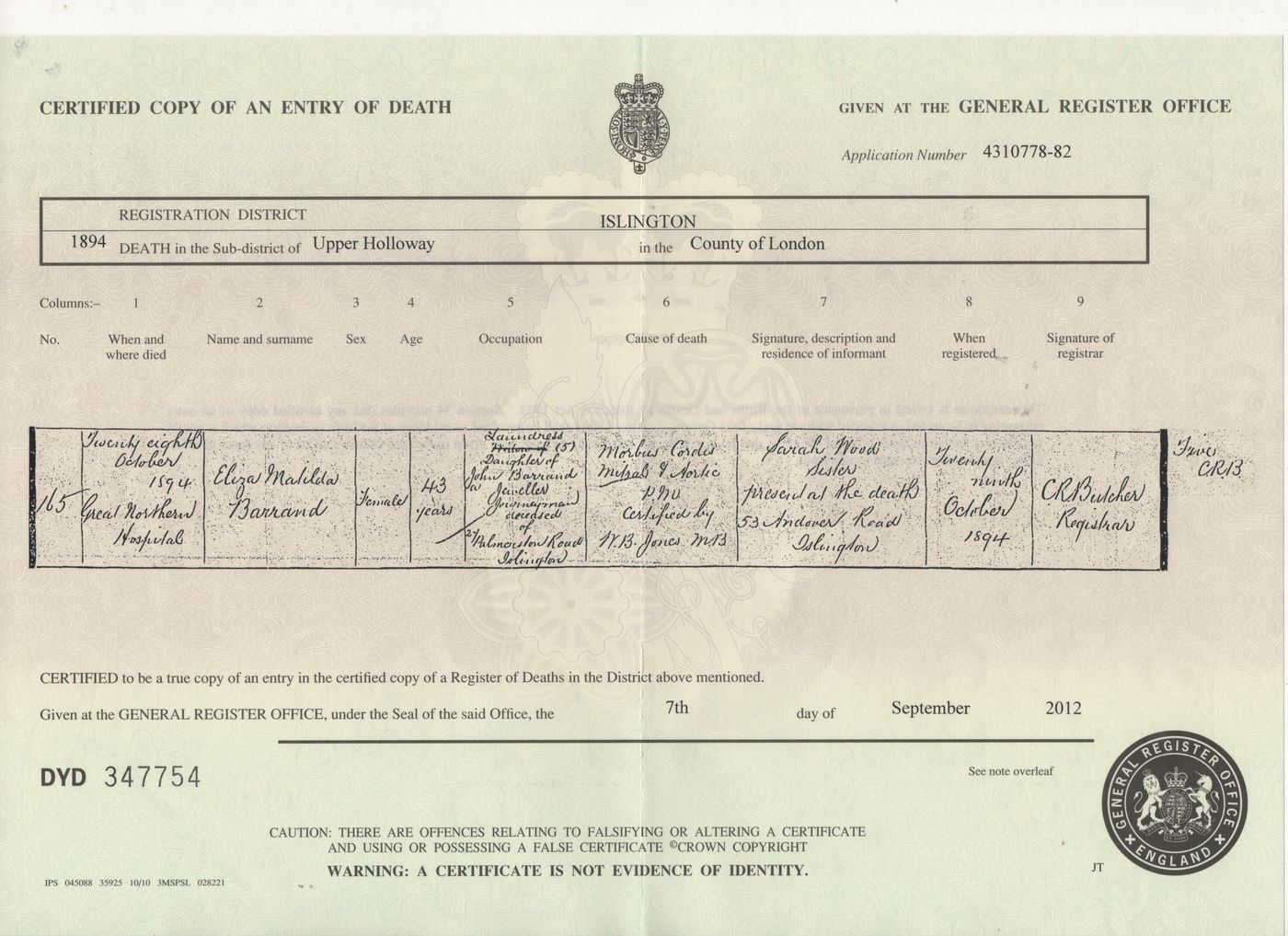 Death Certificate of Eliza Matilda Barrand 1894