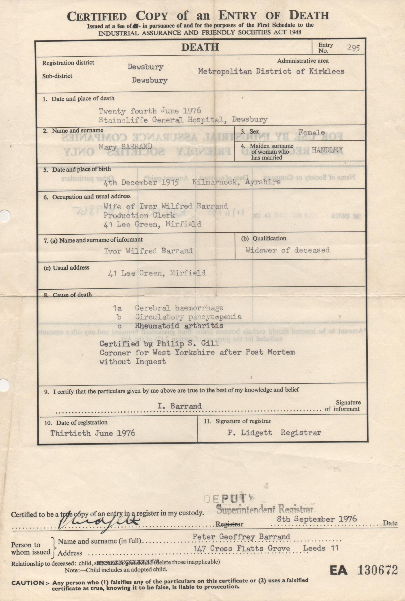Death Certificate – Mary Barrand (nee Handley/Murray)