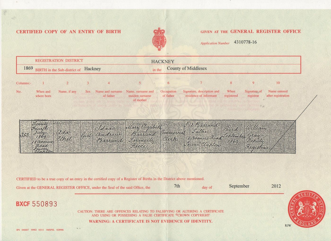 Birth Certificate Ada Ethel Barrand 1869