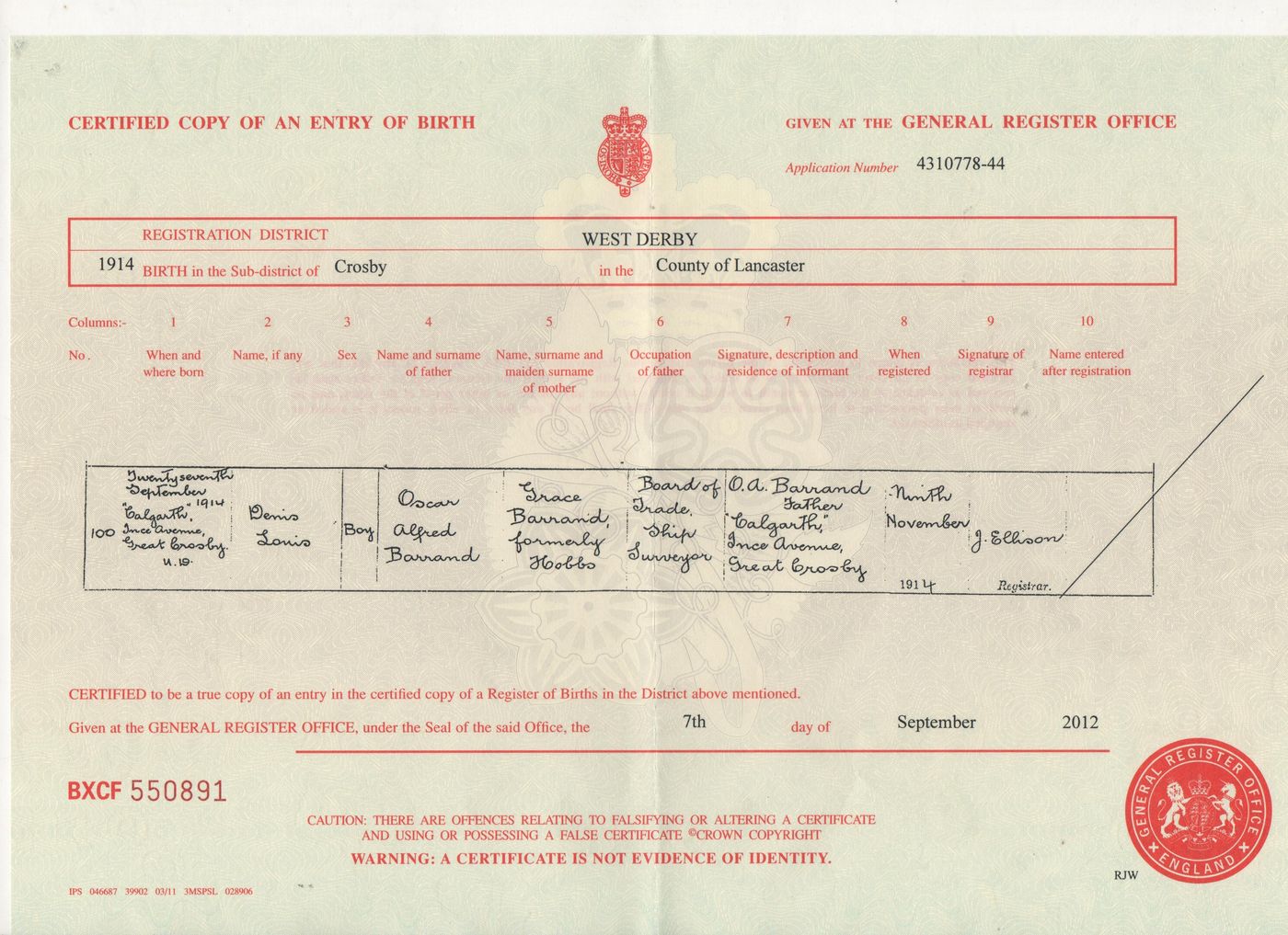 Birth Certificate of Denis Louis Barrand 1914