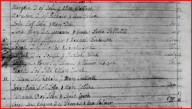 Parish Register St. Geo Hanover Square – Baptism of Sarah Tooke.