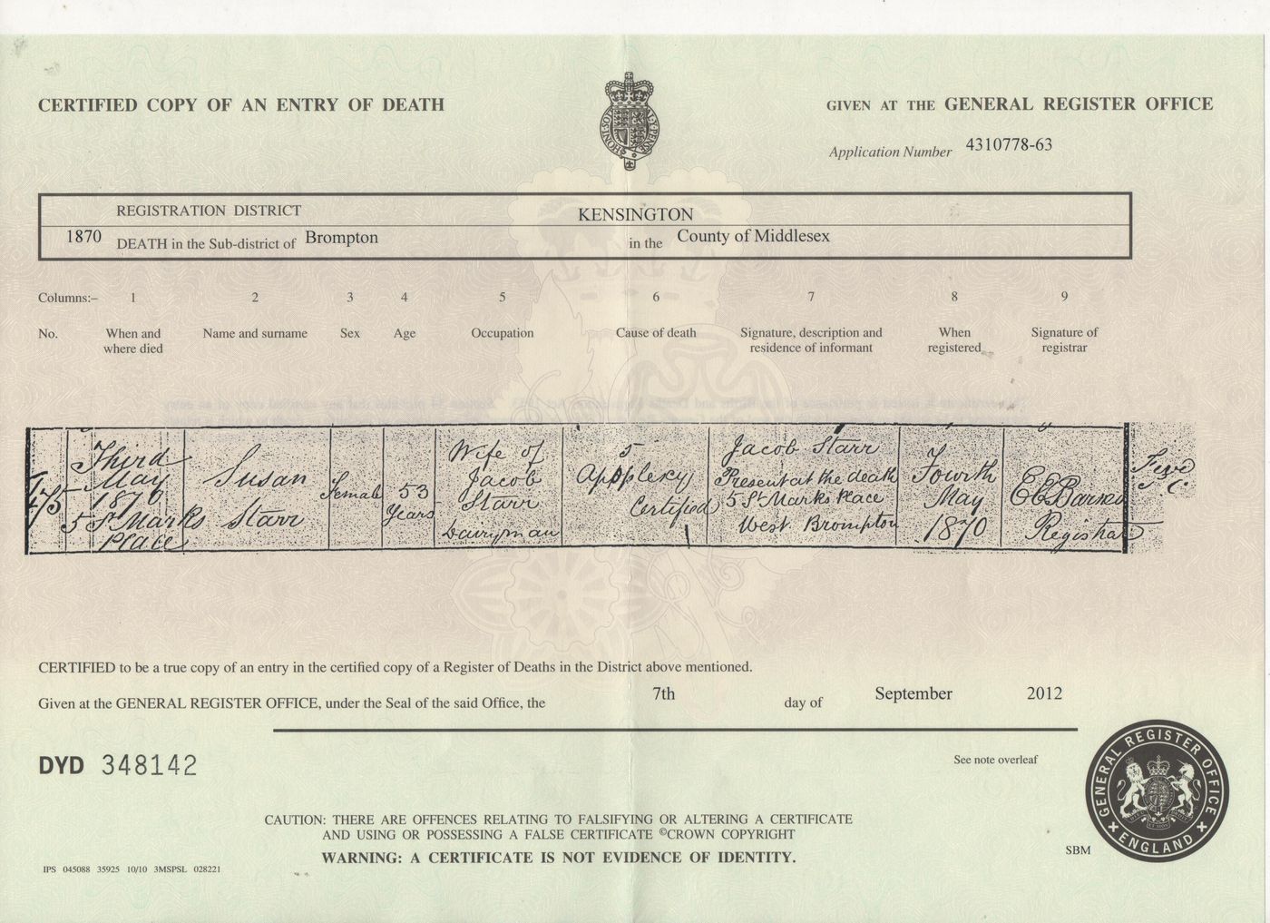 Death certificate of Susan Starr (nee Barrand)