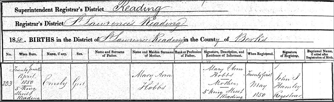 Birth Certificate Emily Hobbs (Mother shown as Mary Ann Hobbs)