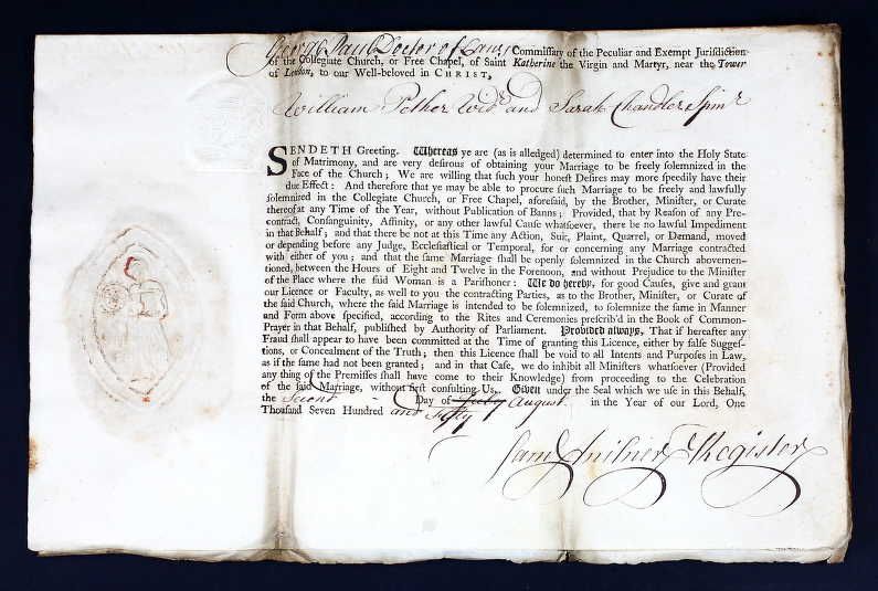 Licence of marriage of William Pether and Sarah Chandler on the 2nd August 1750 which also shows that William Pether was already a widower.