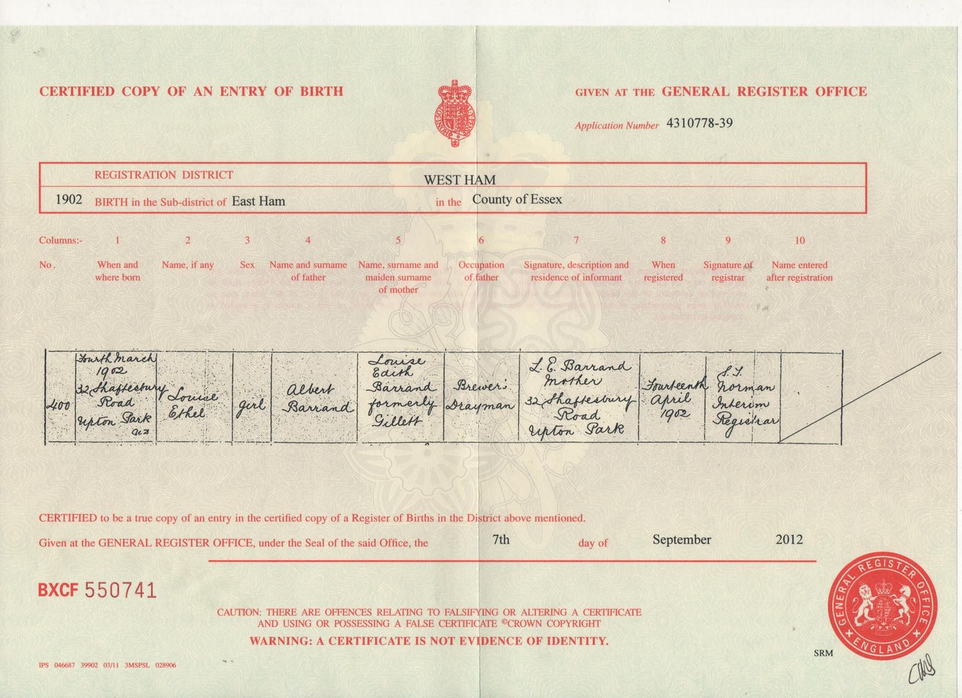 Birth Louise Ethel Barrand 1902