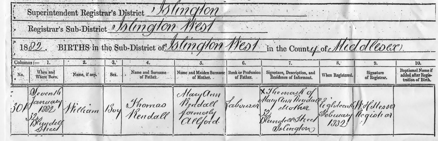Birth certificate William “Rendall” Barrand