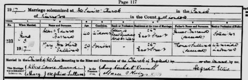 2nd Marriage of Albert Edward Barrand to Mary Josephine Sullivan