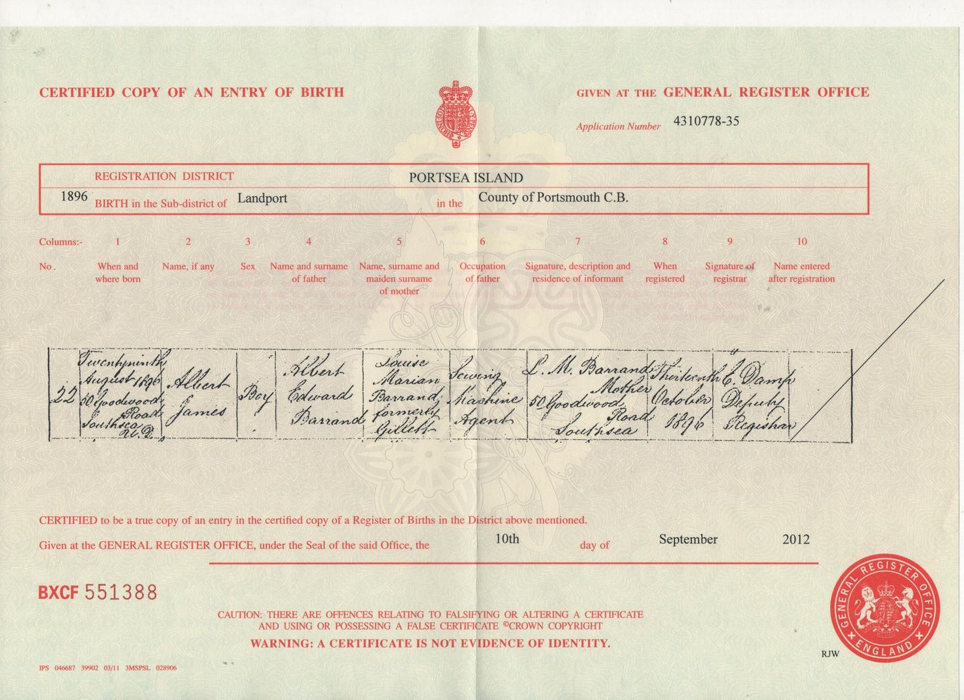 Birth Albert James Barrand 1896
