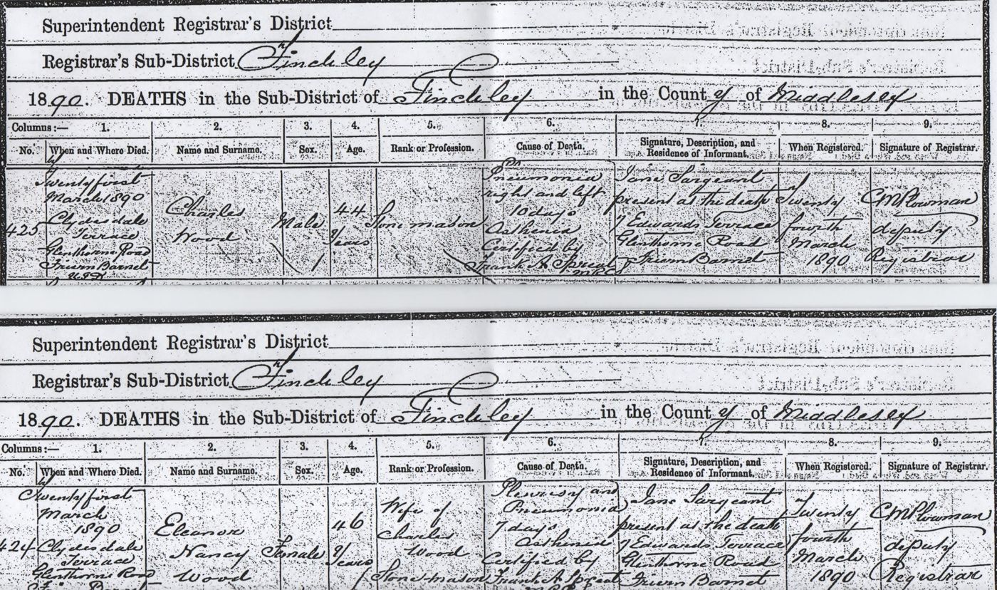 Death certificates Charles Wood and Eleanor Nancy