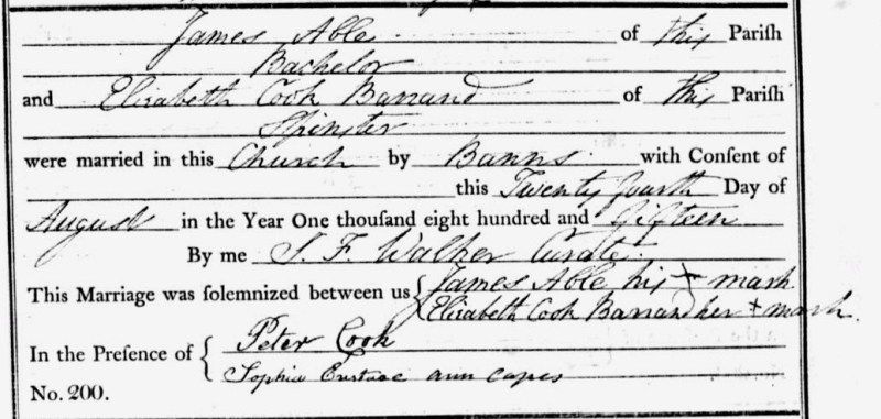 Marriage certificate Eliza Cook Barrand and James Able
