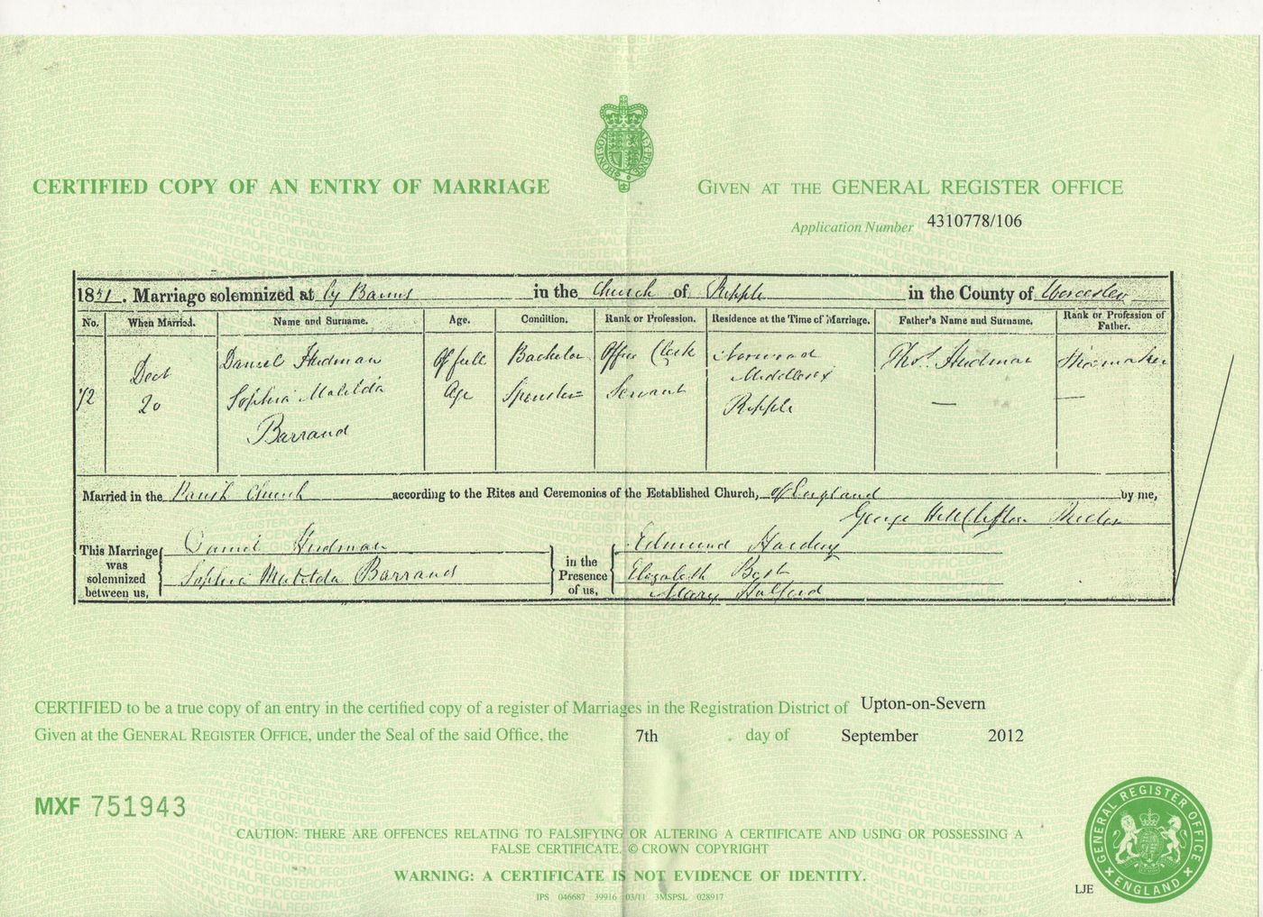 Marriage Certificate of Sophia Matilda Barrand + Daniel Hudman