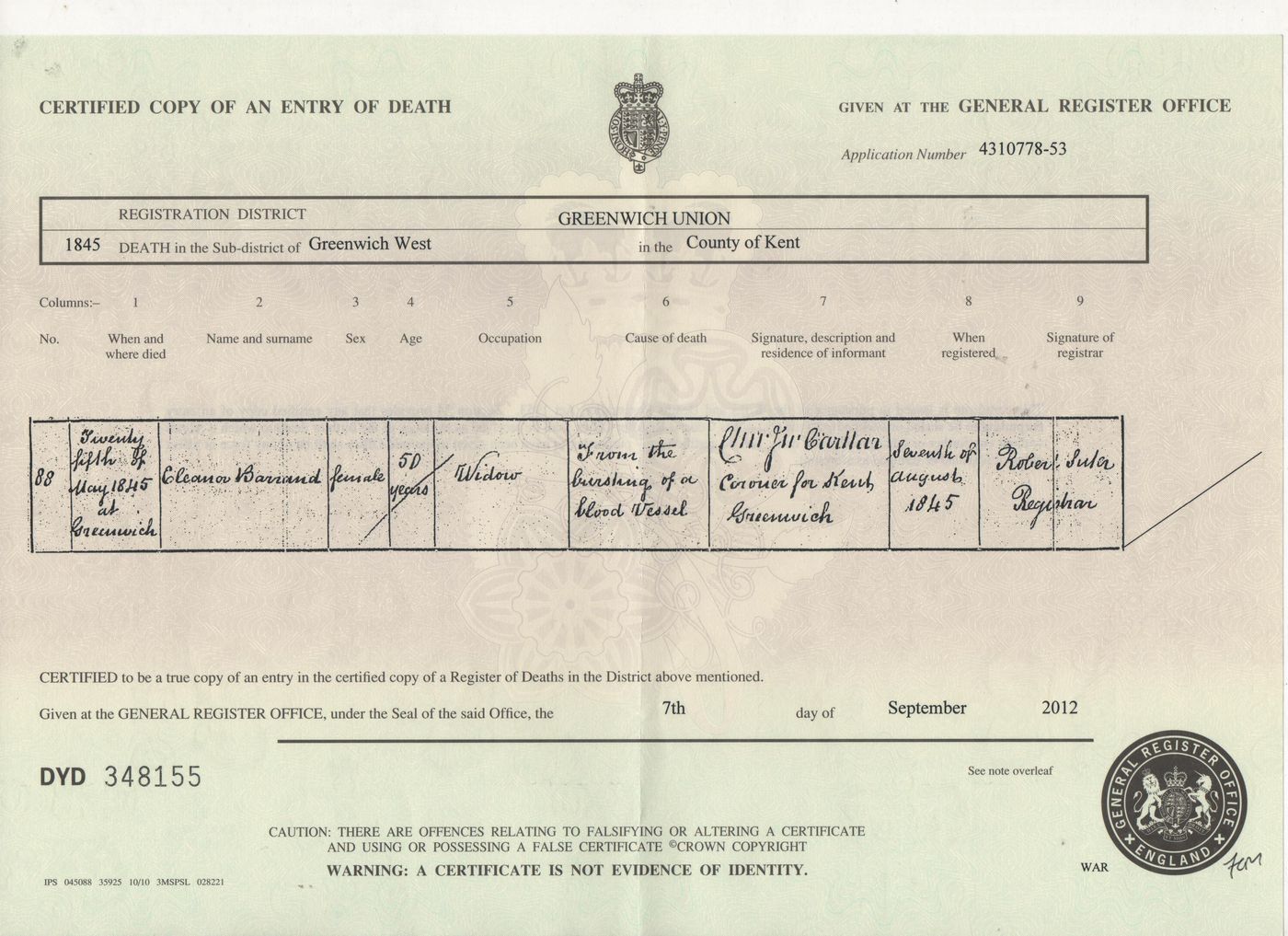 Death Certificate of Eleanor Barrand 1845