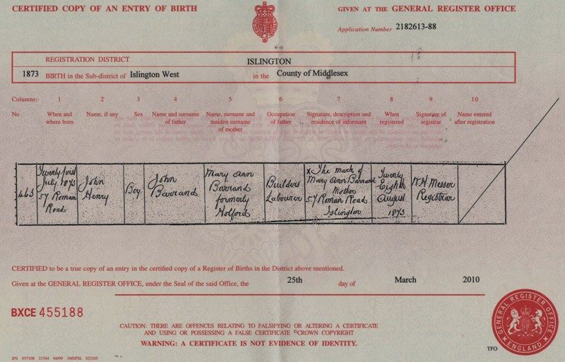 Birth certificate John Henry Barrand