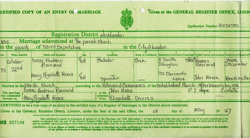 Marriage certificate of Isaac Andrew and Mary Elizabeth Reece