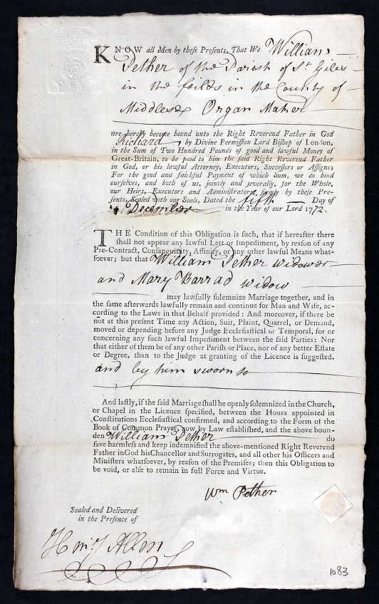 Licence for William Pether and Mary Barrad (sic) to be married 5th December, 1772