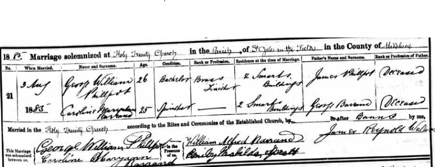 Marriage certificate Caroline Mary Ann Barrand and George Phillpott (Internet)