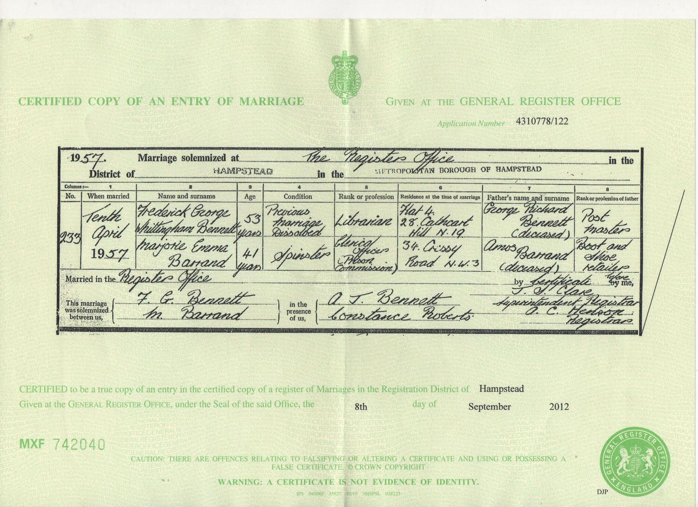 Marriage Certificate of Marjorie Emma Barrand