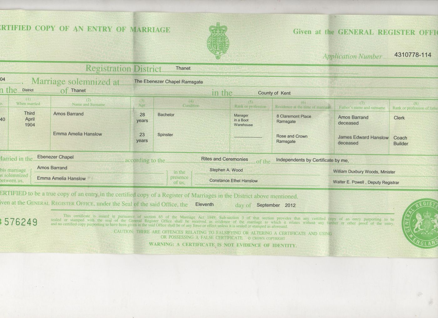 Marriage certificate of Amos Barrand and Emma Amelia Hanslow