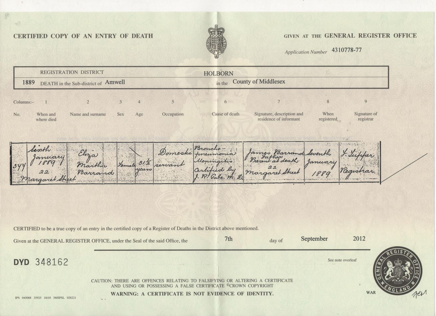 Death Certificate of Eliza Martha Barrand