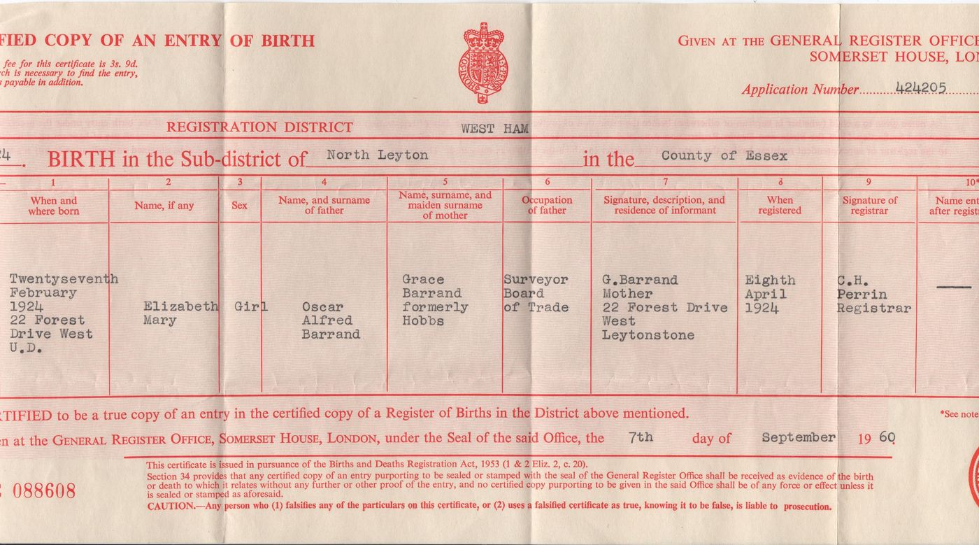 Birth Certificate Elizabeth Barrand