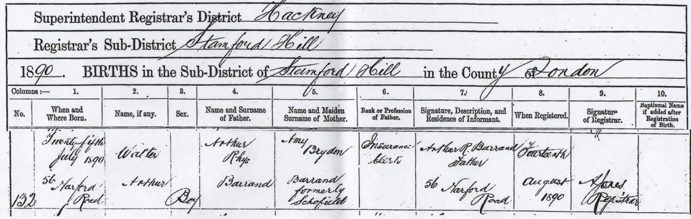 Birth Certificate Walter Arthur Barrand