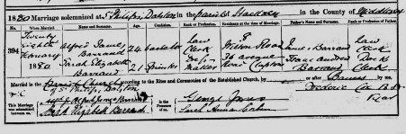 Marriage Certificate of Sarah Elizabeth Barrand and Alfred James Barrand (Internet)