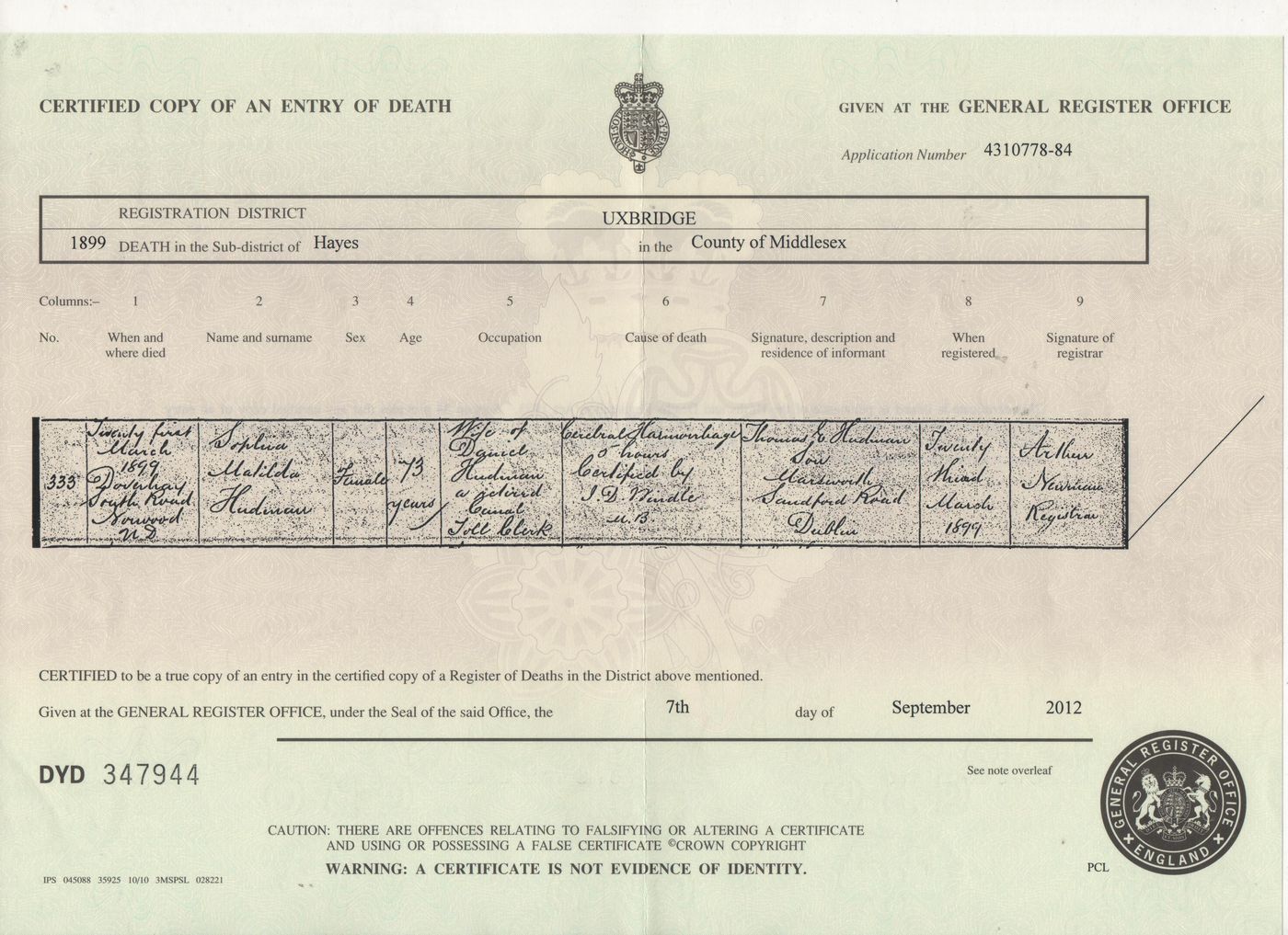 Death Certificate of Sophia Matilda Hudman (nee Barrand)