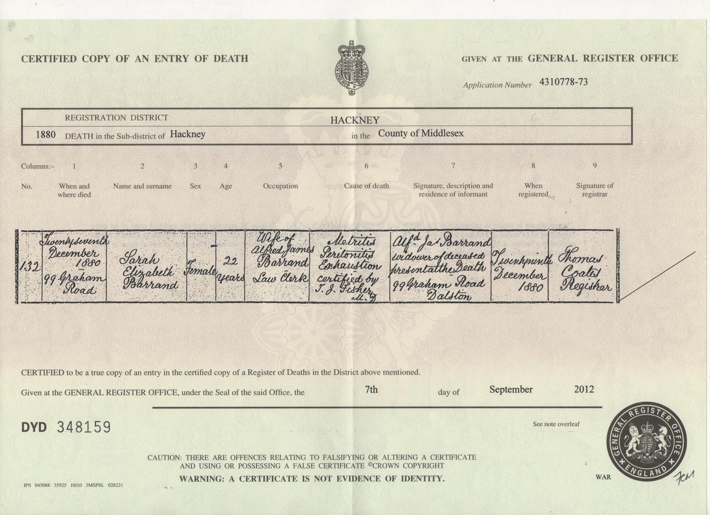 Death Certificate of Sarah Elizabeth Barrand 1880