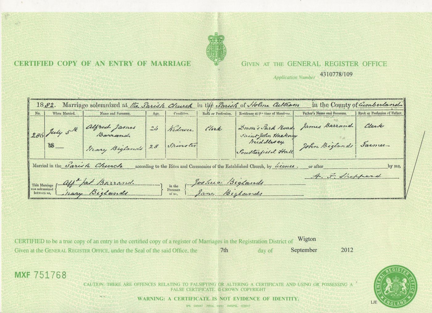 Marriage of Alfred James Barrand and Mary Biglands