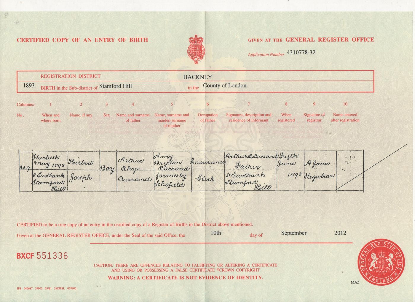 Birth Certificate of Herbert Joseph Barrand 1893