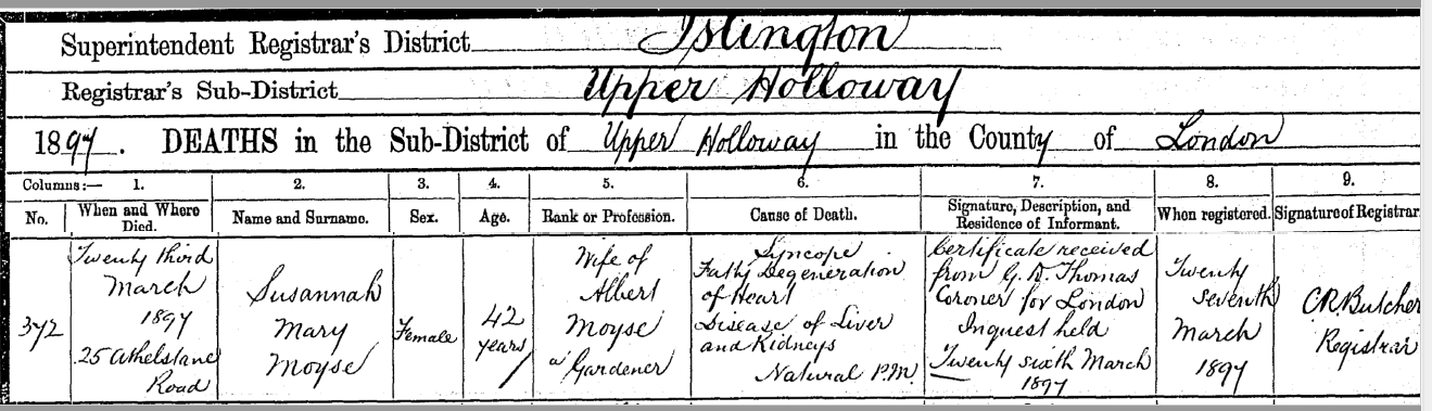 Death certificate Susannah Mary Moyse