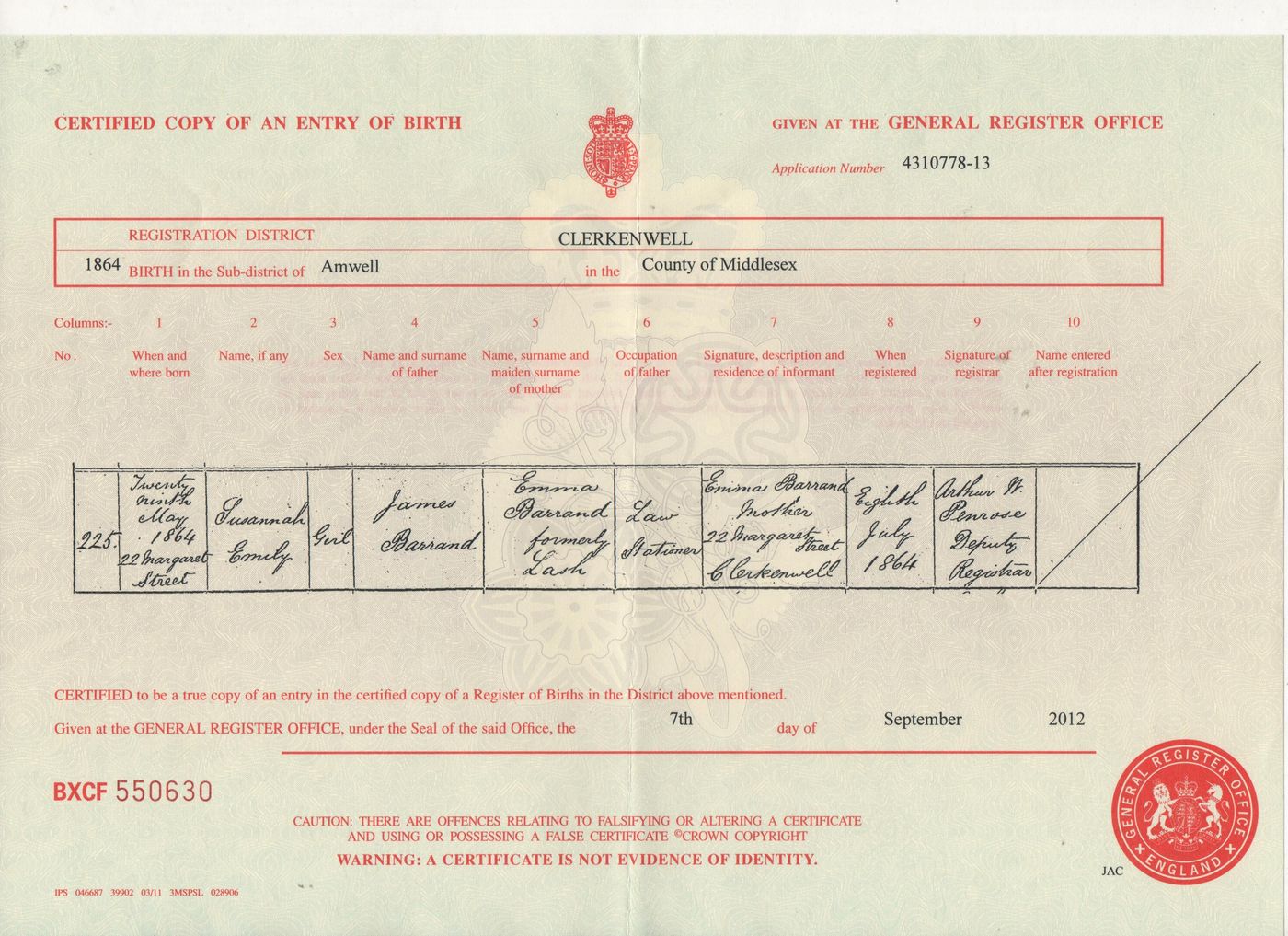 Birth Certificate of Susanna Emily Barrand