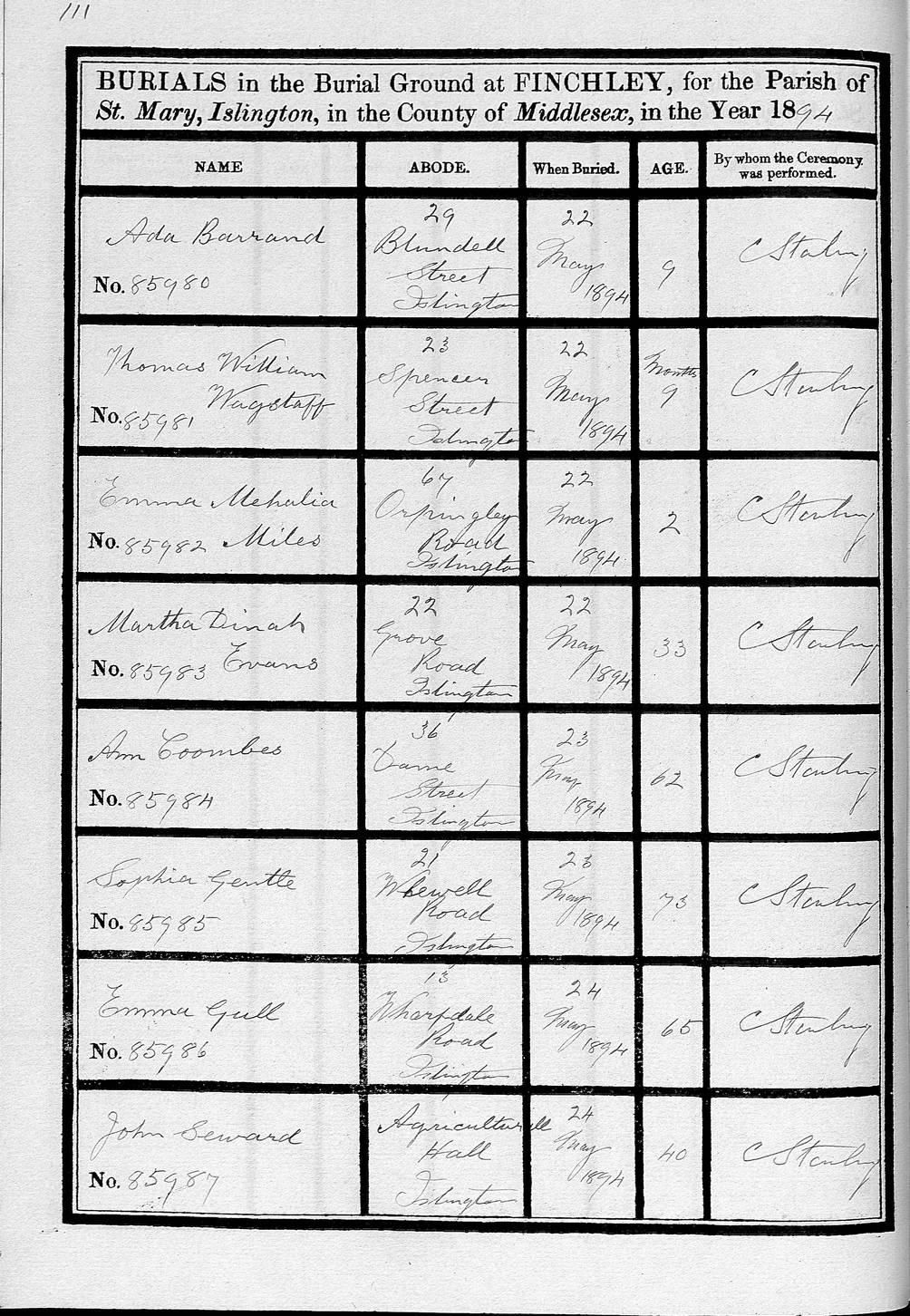Burial record of Ada Barrand 29, Blundell Street - aged 9 - bur: 22/05/1894
