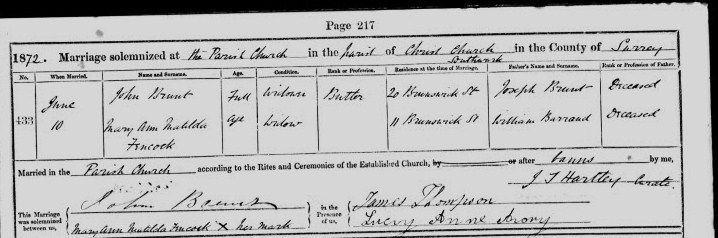 Marriage Certificate of Mary Ann Fencock to John Brunt