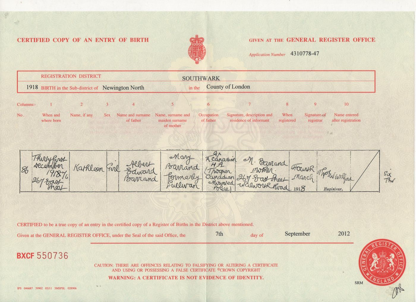 Birth certificate of Kathleen Barrand 1917