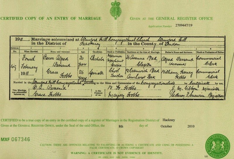 Marriage certificate of Oscar Alfred Barrand and Grace Hobbs 1911