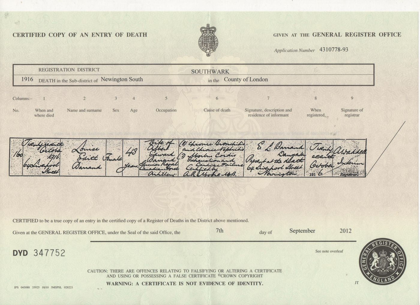Death Certificate of Louise Edith Marion Barrand (nee Gillett) 1916