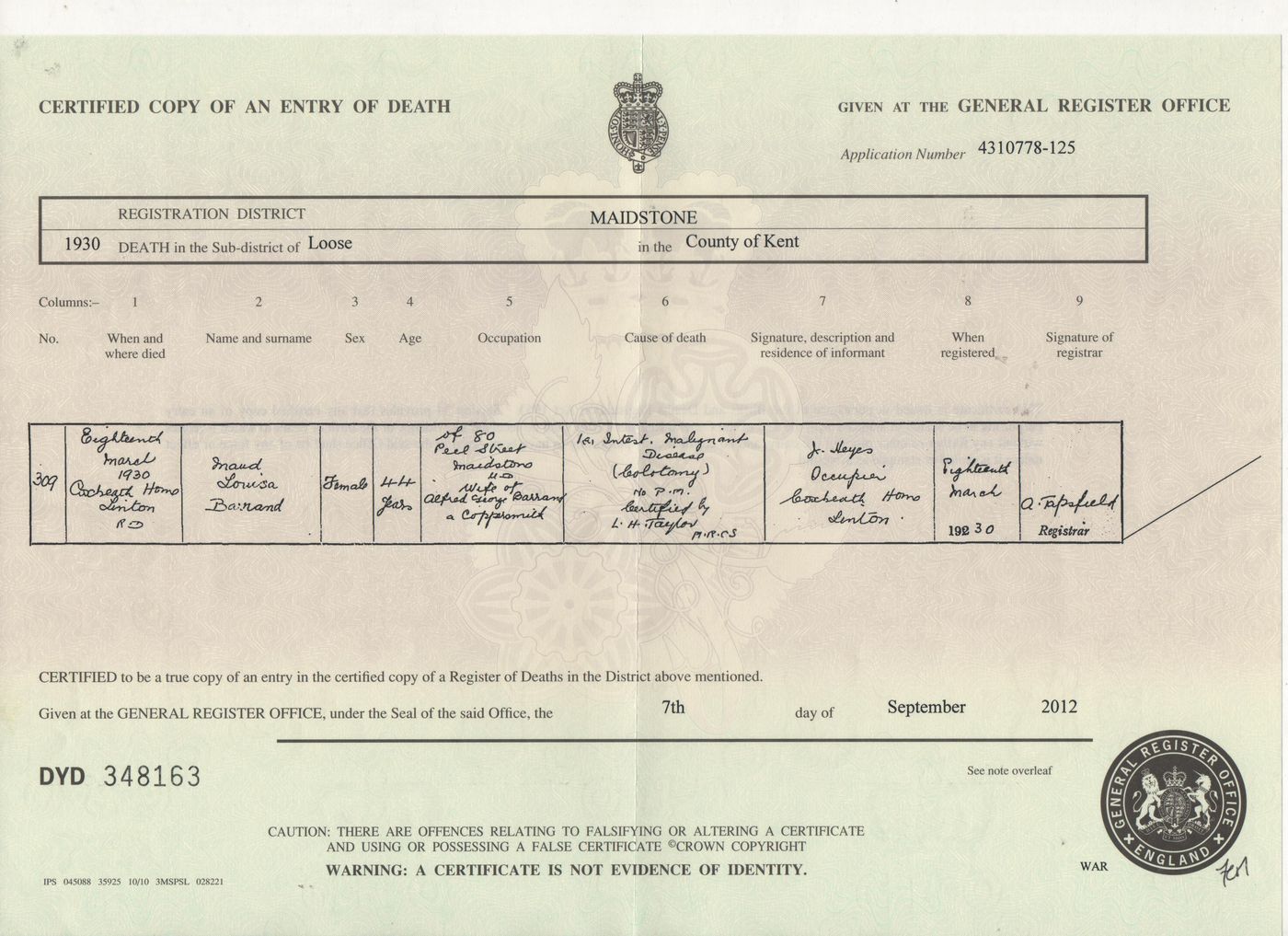 Death Certificate Maud Louisa Driver 1930