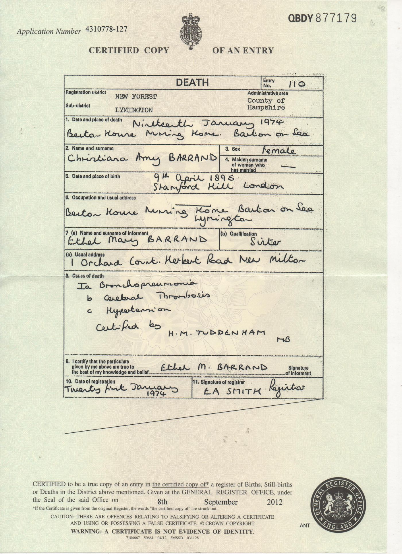 Death Certificate of Christina Amy Barrand 1974