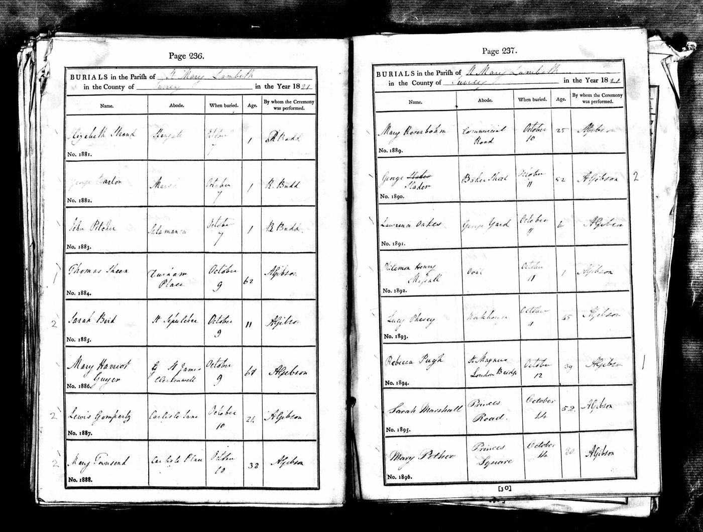 Burial Record of Mary Pether’s death in Lambeth 1821 (Princes Square)
