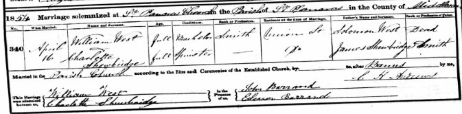 Marriage of William West and his wife Charlotte Shrewbridge