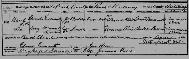 Marriage certificate of Mary Margaret Barrand and Edward Freemantle