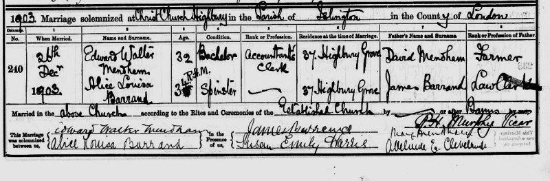Marriage of Alice Louisa Barrand to Edward Mendham