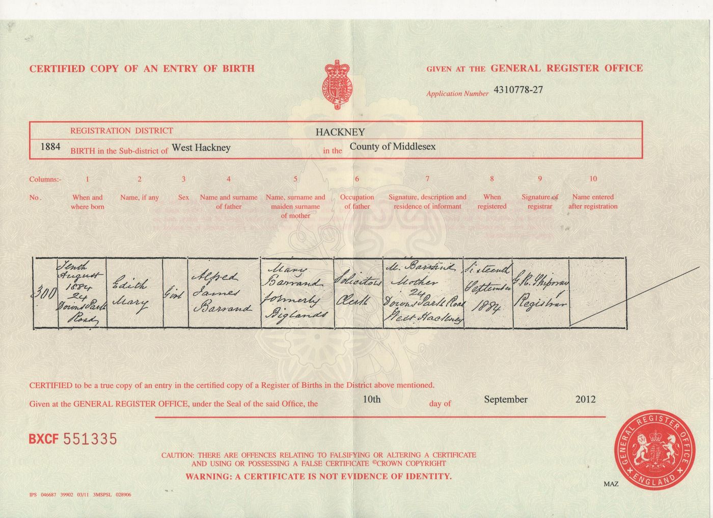 Birth Certificate of Edith Mary Barrand 1884